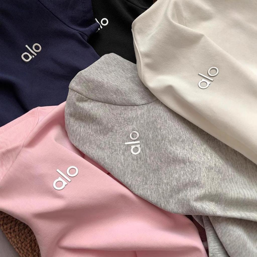 Embroidered ALO Unisex Short Sleeve T-Shirt - Summer Drop Shoulder with New Small Logo for Comfort and Breathability
