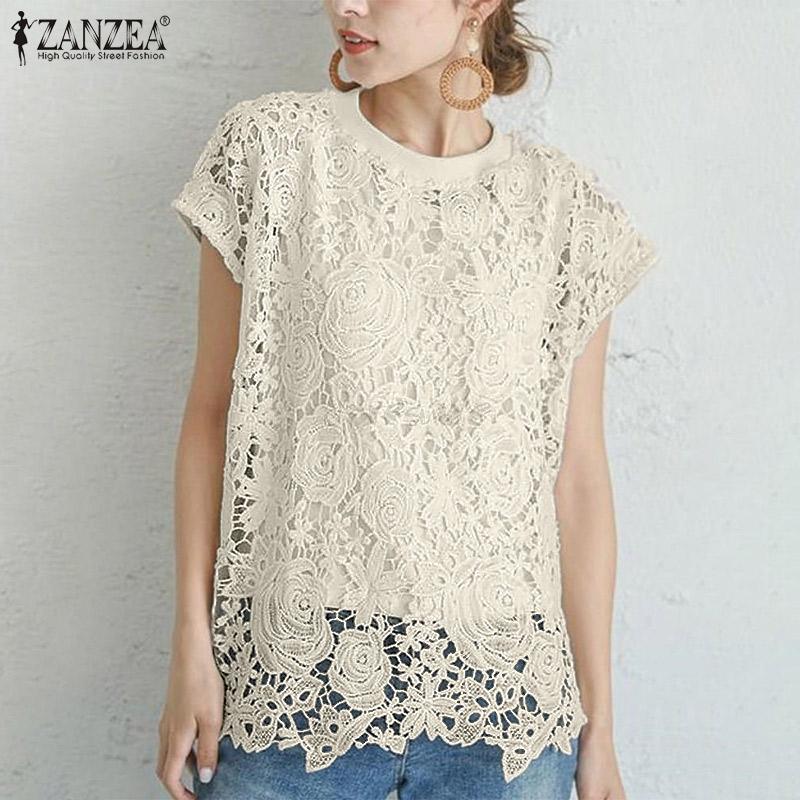

ZANZEA Летняя повседневная кружевная блузка с круглым вырезом и короткими рукавами
