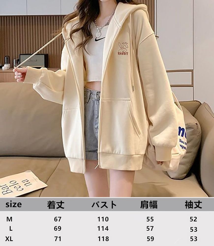 TASOGARA Long Zip Hoodie with Fleece Loose Plus Sizes Casual Wear Women's Lining, Fit, Available, Fall/Winter (JP, Alphabet, M, Black)