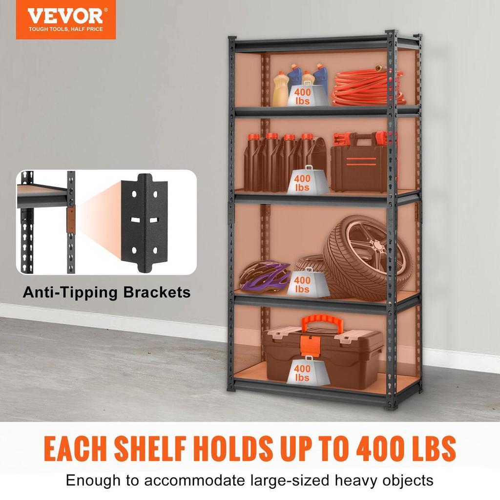 Storage Shelving Unit, 5-Tier Adjustable, 2000 Lbs Capacity, Heavy Duty Garage Shelves Metal Organizer Utility Rack, Black, 30" L X 12" W X 60" H for