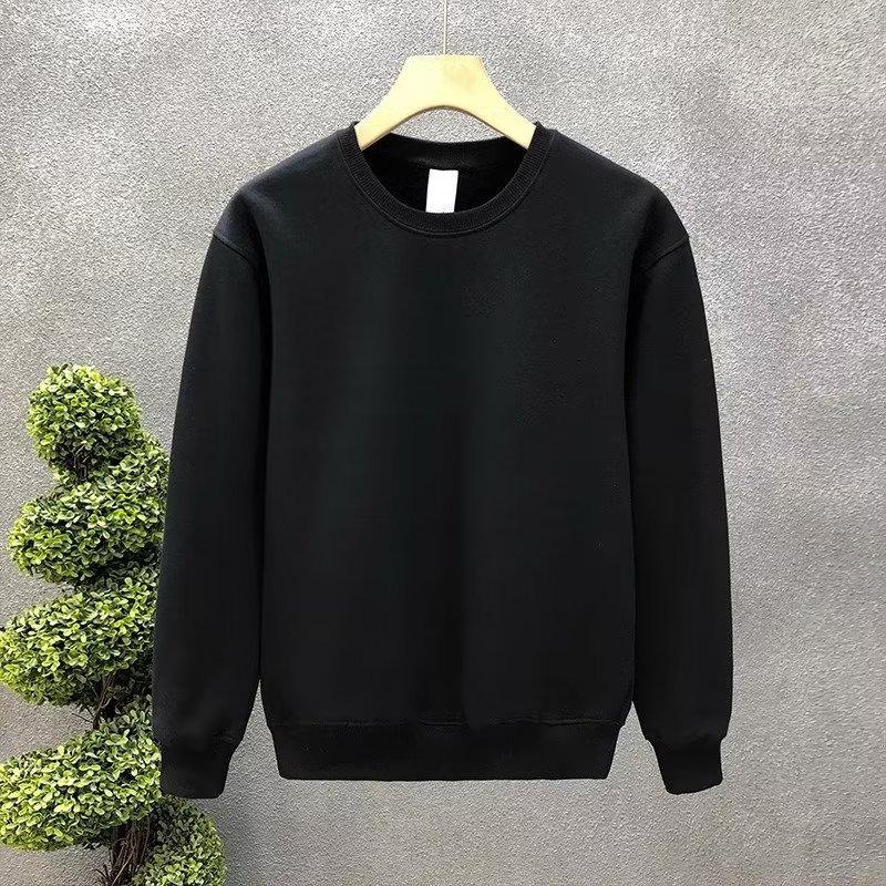 Men's Solid Color Velvet-Lined Round Neck Hoodie - White, Winter/Spring 2025 Style, Long Sleeve