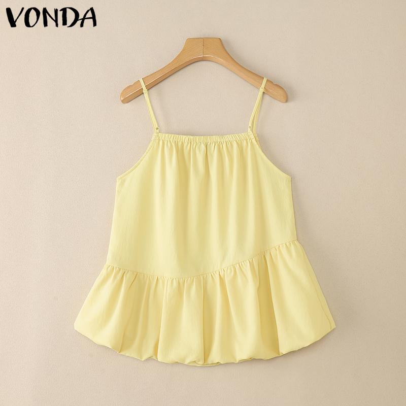VONDA Women Strap Sleeveless Ruffled Casual Pleated Tank Tops