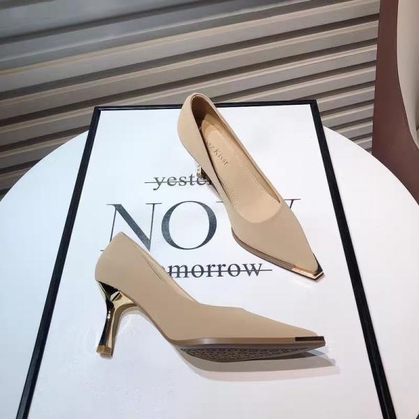 Fashion Women Shoes 2024 Spring Pumps Beige High Heels Work Dress Professional Pointed Wedge Sandals Ladies Shallow Mouth Latest 12cm Me