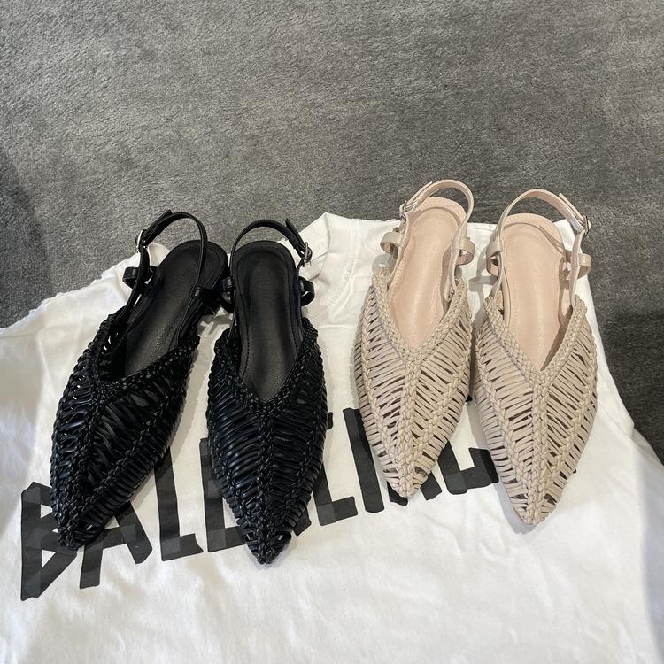 Sheepskin version~ Leather Dugu woven pointed Roman sandals women's summer flat bottom hollowed out one word with bag head cool slippers