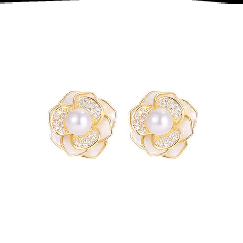 2025 Elegante Chinesische Kamelien-Perlen-Hängeohrringe für Damen