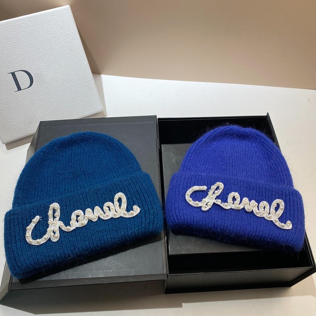 Pearl Hat Rabbit Hair Warm Knit Hat Women's Fashionable Winter Cold Hat Increase And Lengthen Double Folded Edges Hat