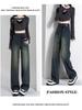 Women's Cement Gray High-Waisted Plush Wide-Leg Jeans - Autumn/Winter Slim Straight Trend.