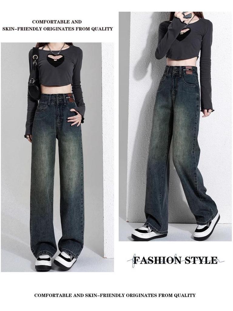 Women's Cement Gray High-Waisted Plush Wide-Leg Jeans - Autumn/Winter Slim Straight Trend.