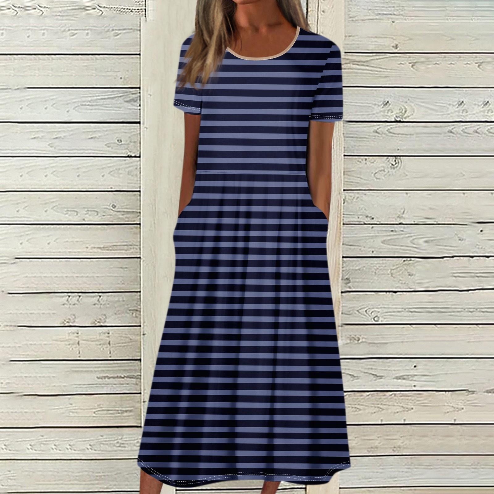 Женское летнее повседневное модное платье с коротким рукавом и карманом с круглым вырезом — фото 9