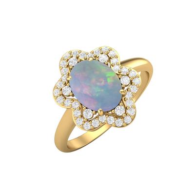 8X6MM Oval Opal Gemstone 925 Sterling Silver Gold Plated Solitaire Halo Women Engagement Ring
