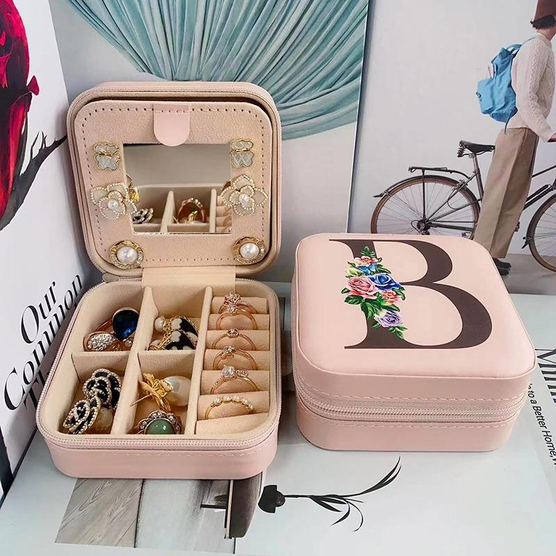 PU Leather Jewelry Box Mirror Storage Box 26 Letter Printed Portable Jewelry Organizer Earring Ring Necklace Case