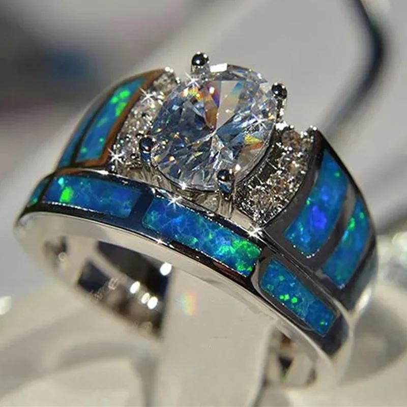 New Trendy Bridal Sets Women Ring Four Prong Setting Cubic Zirconia Blue Imitation Opal Wedding Engagement Party Jewelry