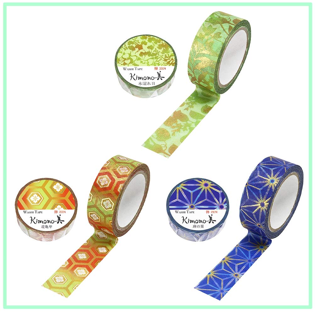 Kamiiso Sansho Washi Kimono Beauty Masking set Flower and Hemp 15mm wide x 7m Japanese-made Tape, 3-roll (Sunlight, Tortoiseshell, Leaf), long,