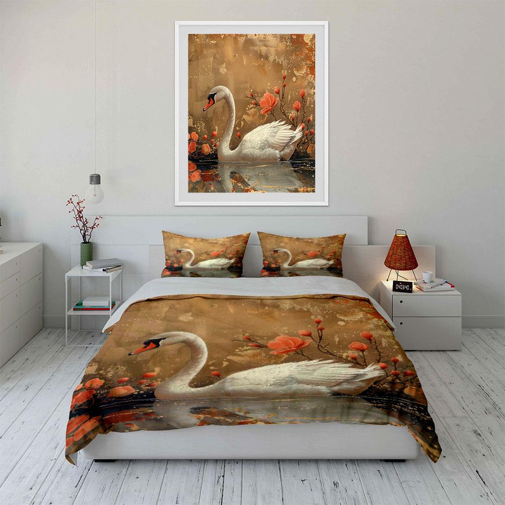 Swan with Pink Floral Background Bedding Set for Kids Luxury Gift 3pcs Digital Print Comforter Set Soft Comfortable Breathable