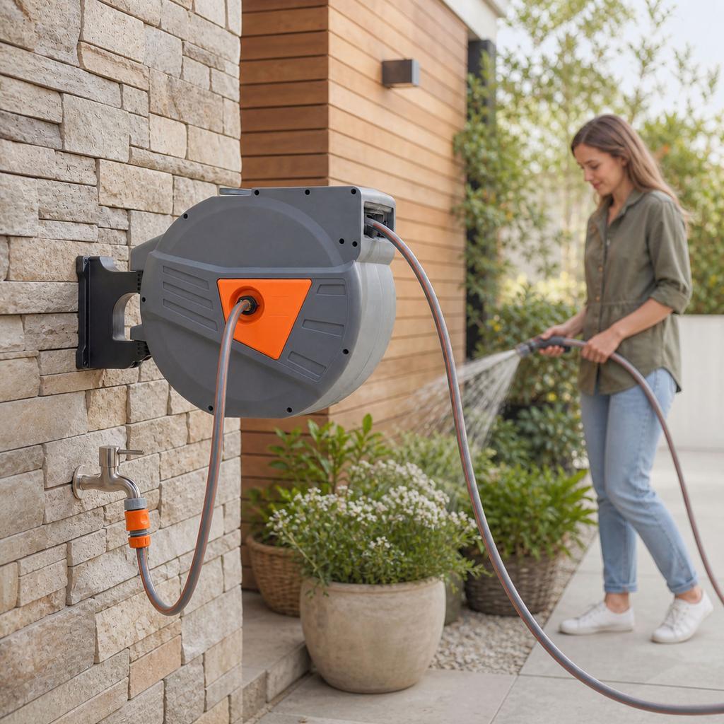 Garden Hose Reel, Wall-Mounted, 40+2 m x 15 mm, Automatic Retractable, 180 Swivel, Orange
