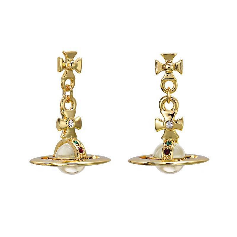Empress Dowager Saturn Earrings: Gold & Silver with Diamond, Pearl, and Water Drop Accents for Women