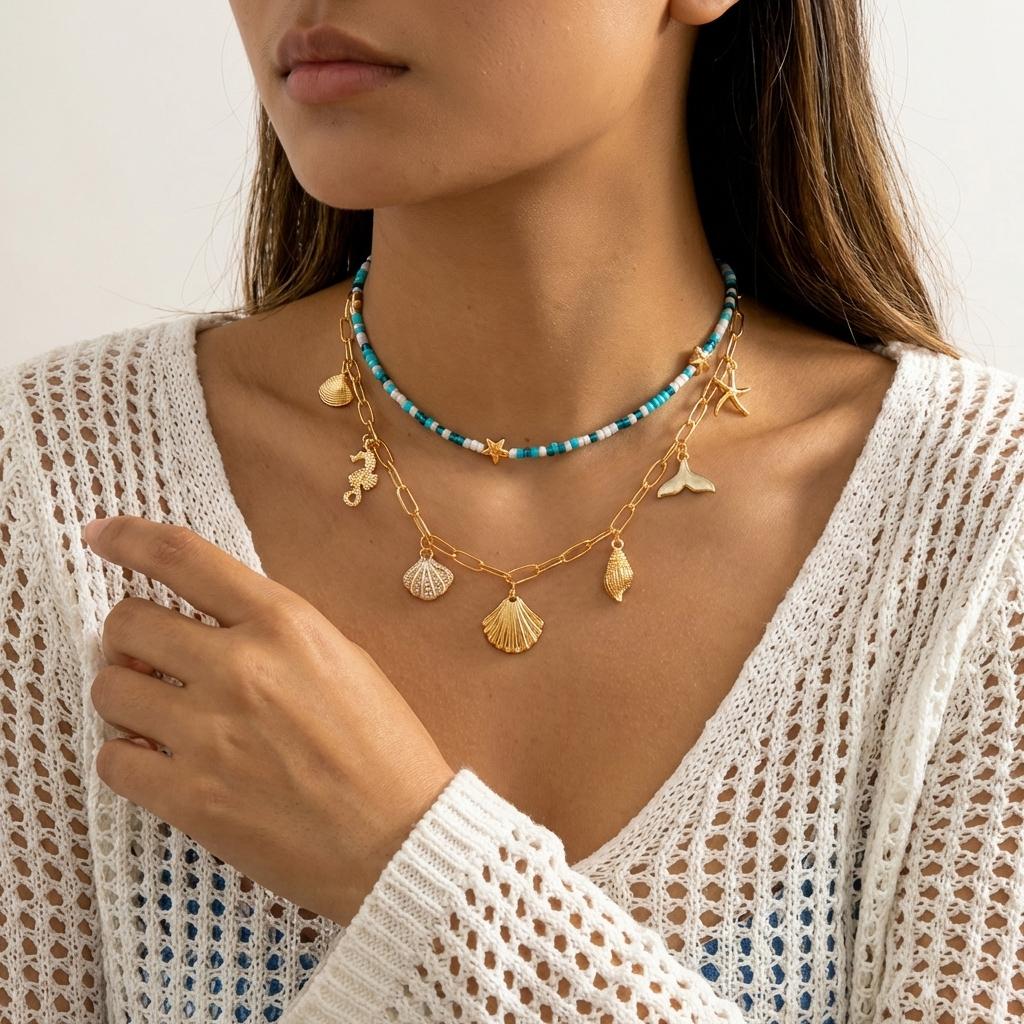Boho Shell Starfish Scallops Pendant Necklace For Women Ocean Series Seahorse Dolphin Rice Beads Choker Beach Vacation Jewelry