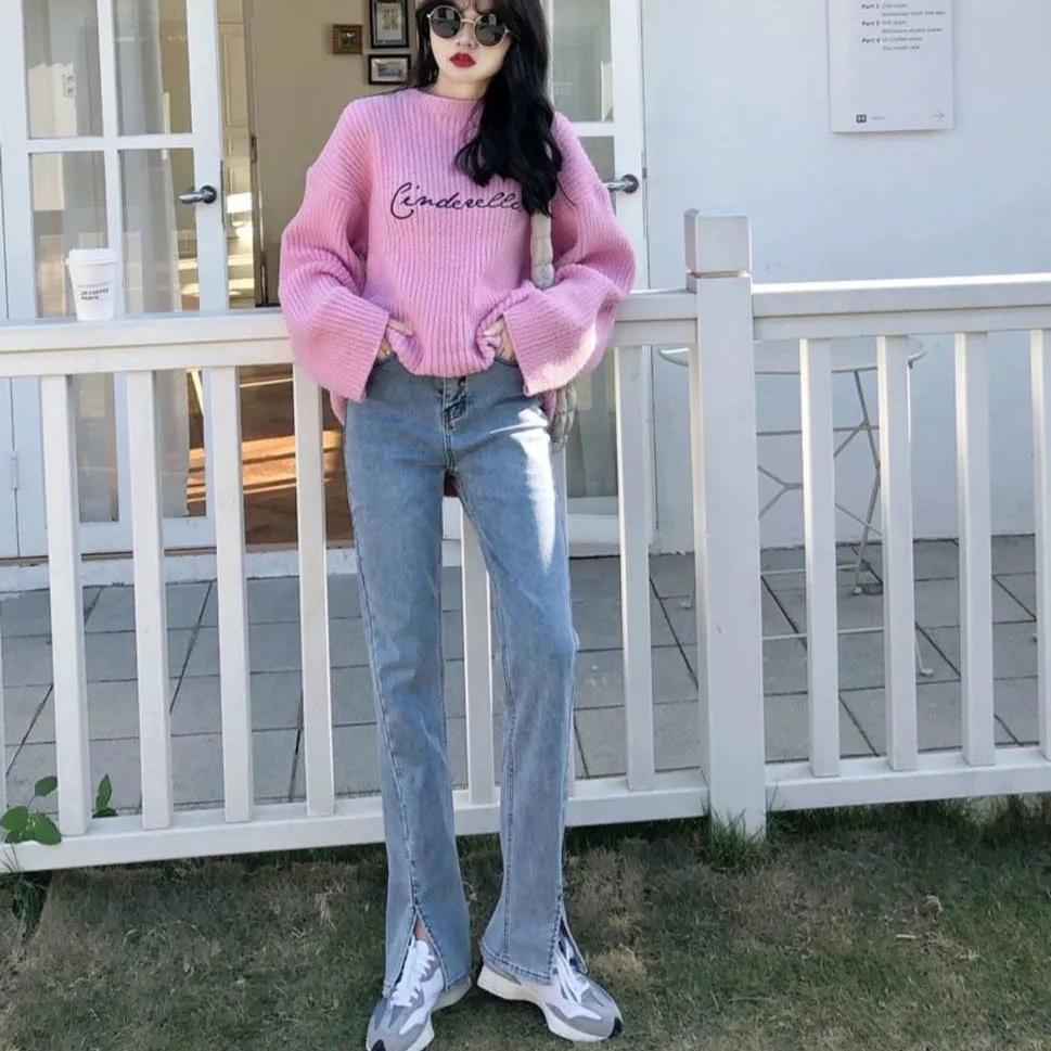 Spring and Autumn Women's High-waist Jeans Pants Slimming All-match Straight Casual Wide-leg Split Fork Denim Trousers