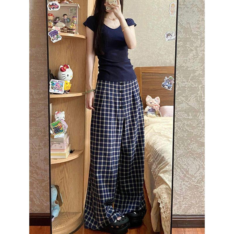 

Plaid Casual Pants for Women, New Spring Style for Plus-Size Girls, Pear-Shaped Body, High-Waisted, Loose Fit, Slimming Wide-Leg Floor-Length Pants Blue S