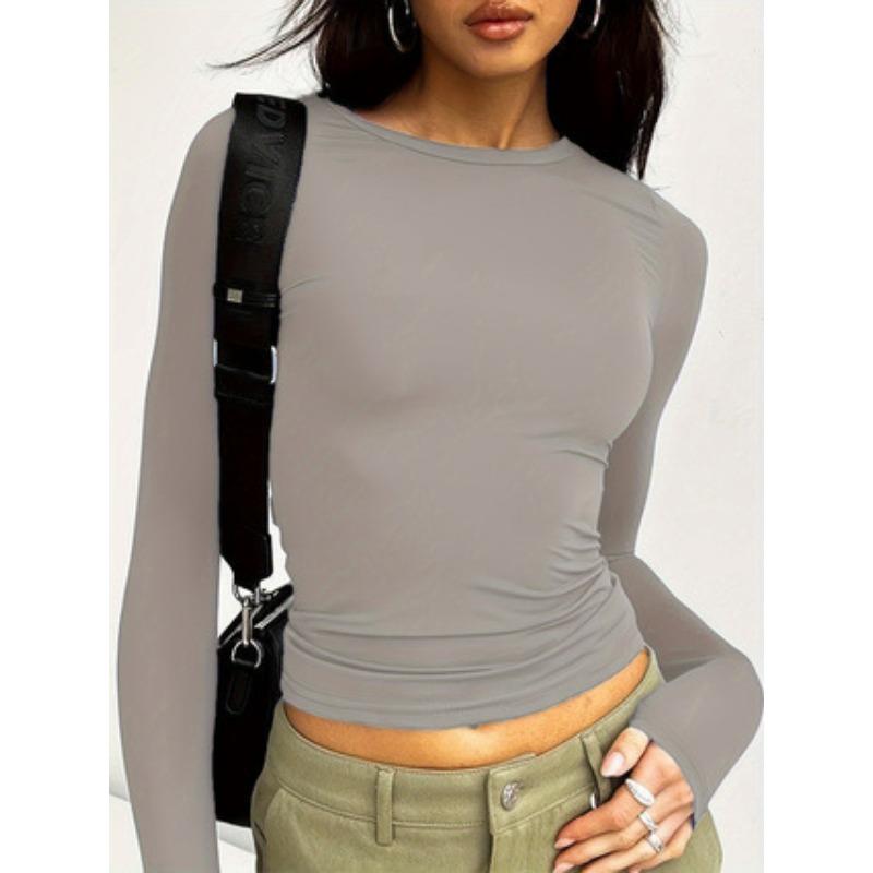 Solid Color Casual Round Neck Long Sleeved T-shirt Top