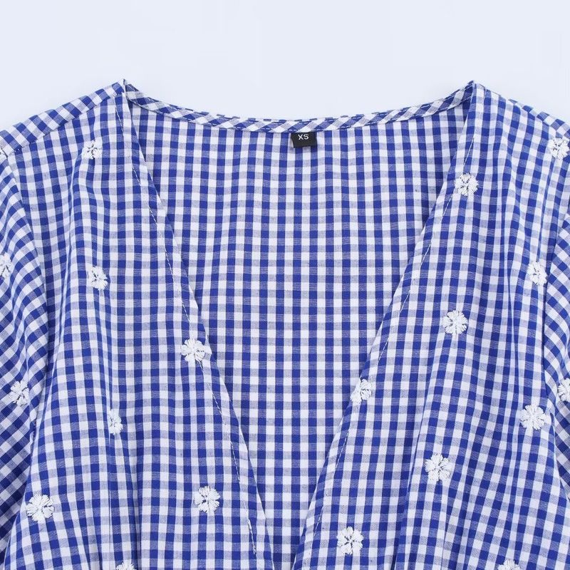 Kaslead New Women Clothes Western Style Fashion Loose Embroidery Small Plaid Top 3564052