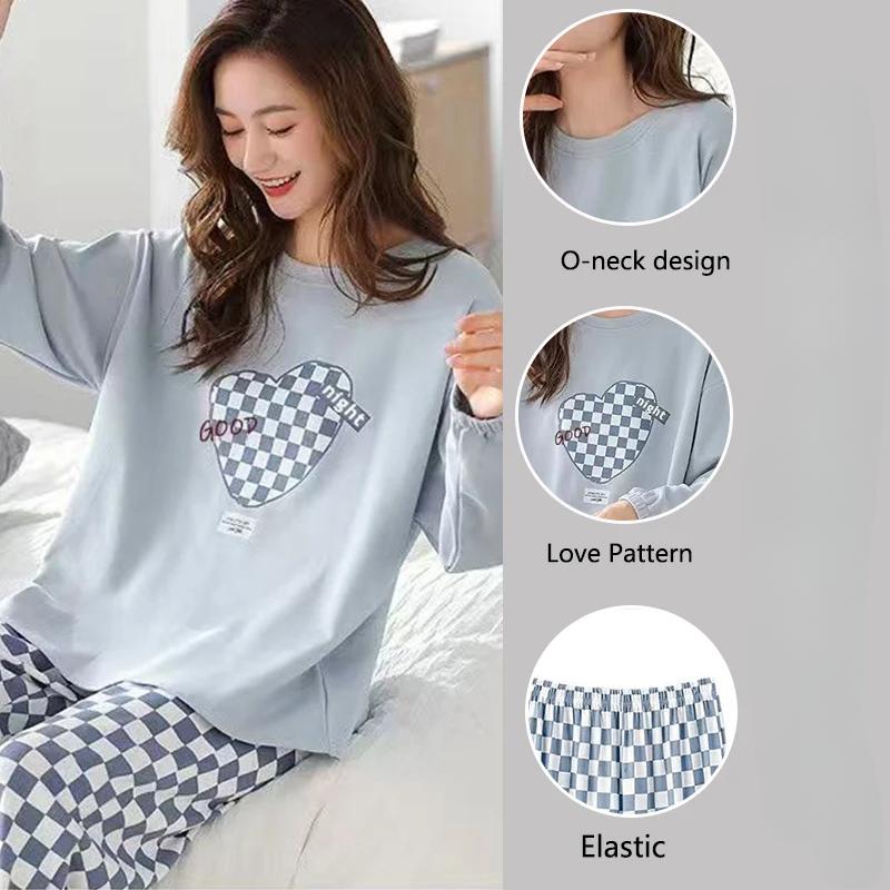 Dam Tecknad Pyjamas Set Långärmade Toppar och Byxor Tvådelad Sovkläder Loungewear Kärlekstryck Dam Nattkläder Hemkläder
