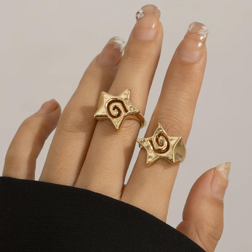 XINYI 2Pcs Design Three Dimensional Star Open Ring Set for Women Hip Hop Hollow Pentagrams Wide Finger Ring Girls Party Jewelry