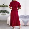 Elegant Summer Maxi Dress V Neck Short Sleeve Solid Color Pleated Long Dress Women Fashion Spring Summer Sizes S XL