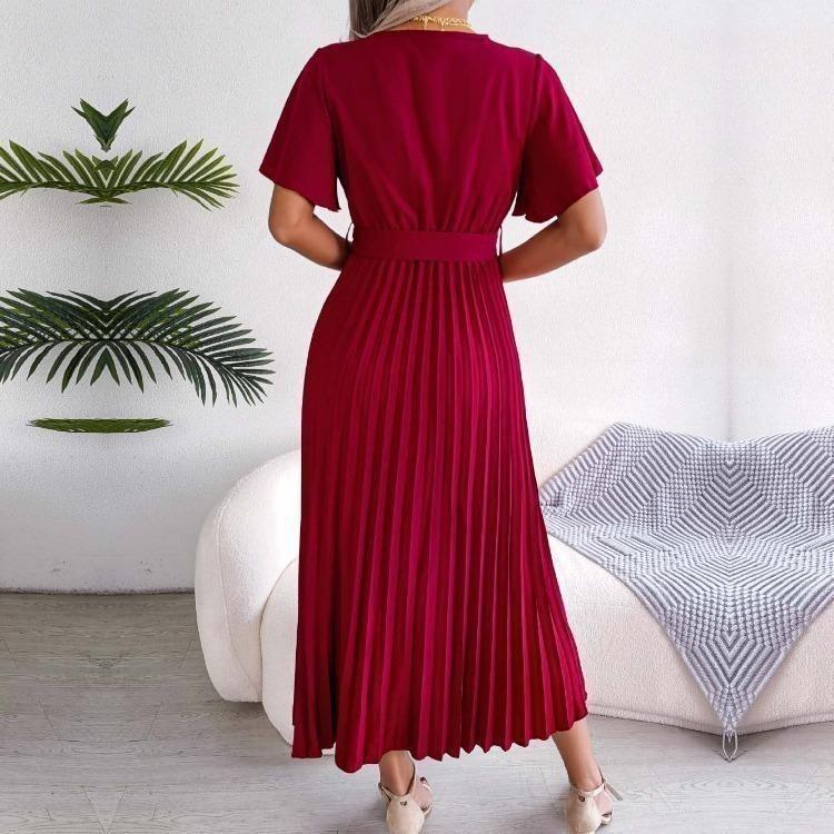 Elegant Summer Maxi Dress V Neck Short Sleeve Solid Color Pleated Long Dress Women Fashion Spring Summer Sizes S XL