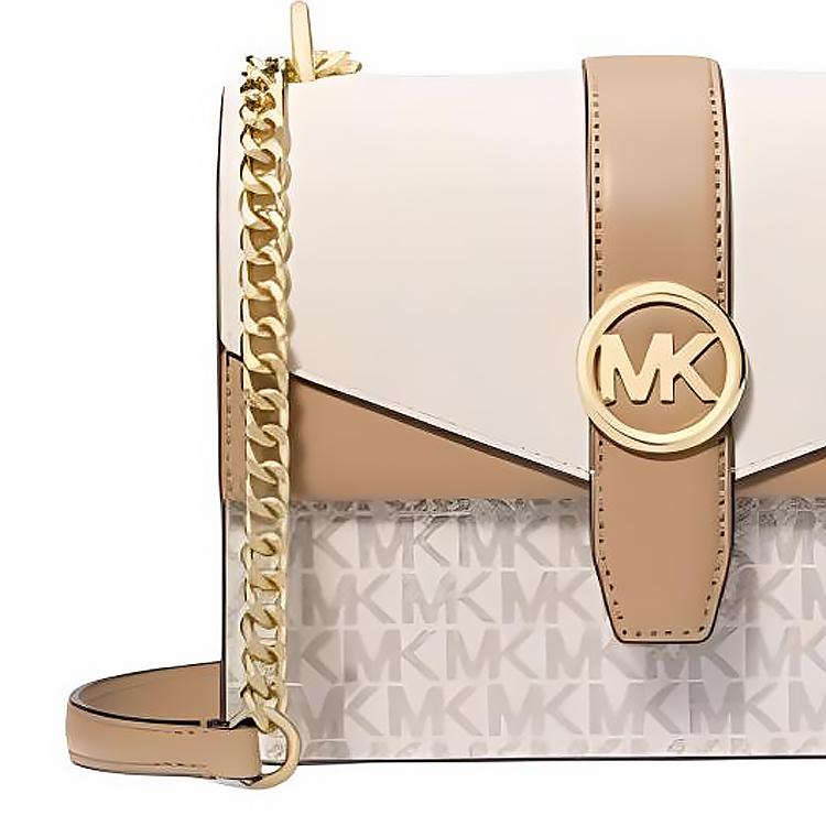 Michael Kors Borsa a tracolla in pelle con stampa logo Mk Greenwich Piccola da donna Bianco Vaniglia 35S5GGRC1B-VANILLA-ACRN