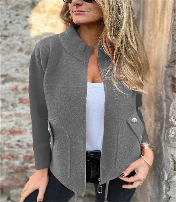 Women's Grey Stand Collar Short Jacket with Multiple Color Options