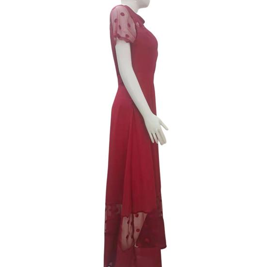 Women Summer Dress Mesh Dot Pattern V Neck Chiffon Slim Large Hem