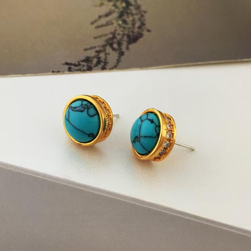 Fashion light luxury retro imitation turquoise stud earrings, simple and versatile temperament earrings for women