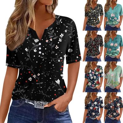 Women's T Shirt Tee Print Button Short Sleeve Daily Weekend Fashion Basic V- Neck Regular Top
