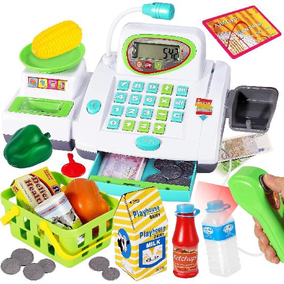 HERSITY Kids Toy Cash Register with Scanner and Microphone, Pretend Play Money Electronic Calculator Realistic Children's Supermarket Cashier Games