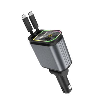 Upgraded 120W PD+USB Quick Charger with 2 Retractable Cable Fast Charging Car Phone Charge W/ Ambient Light 4 In 1 Power Adapter