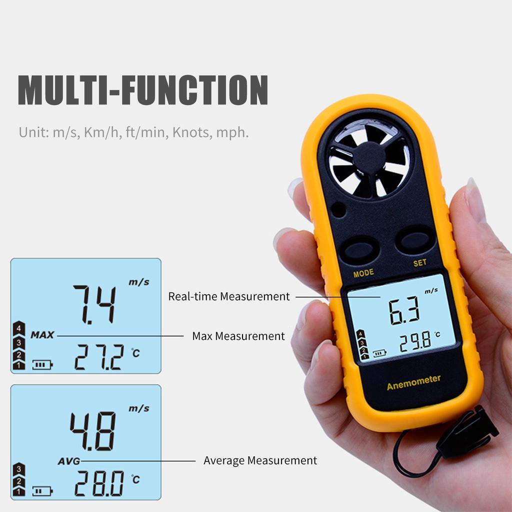 Digitales Anemometer Handheld Windgeschwindigkeitsmesser Messgerät Genau Messen Wind Temperatur Geschwindigkeit Hintergrundbeleuchtung LCD Digital