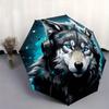1pc Blue-Eyed Wolf In Headphones Automatic, Cute Cartoon Pattern, Portable Outdoor Umbrella, Holiday Gift for fans.C022