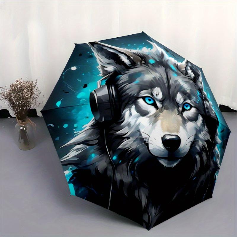1pc Blue-Eyed Wolf In Headphones Automatic, Cute Cartoon Pattern, Portable Outdoor Umbrella, Holiday Gift for fans.C022