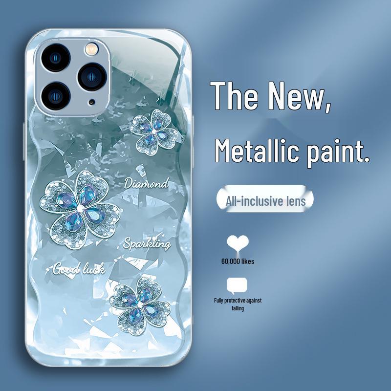 

Совместимо с iPhone 13/Plus: Позолоченный чехол из жидкого стекла с четырехлистным клевером для iPhone 13 Pro с защитой линз и повышенной прочностью. iPhone 13 синий