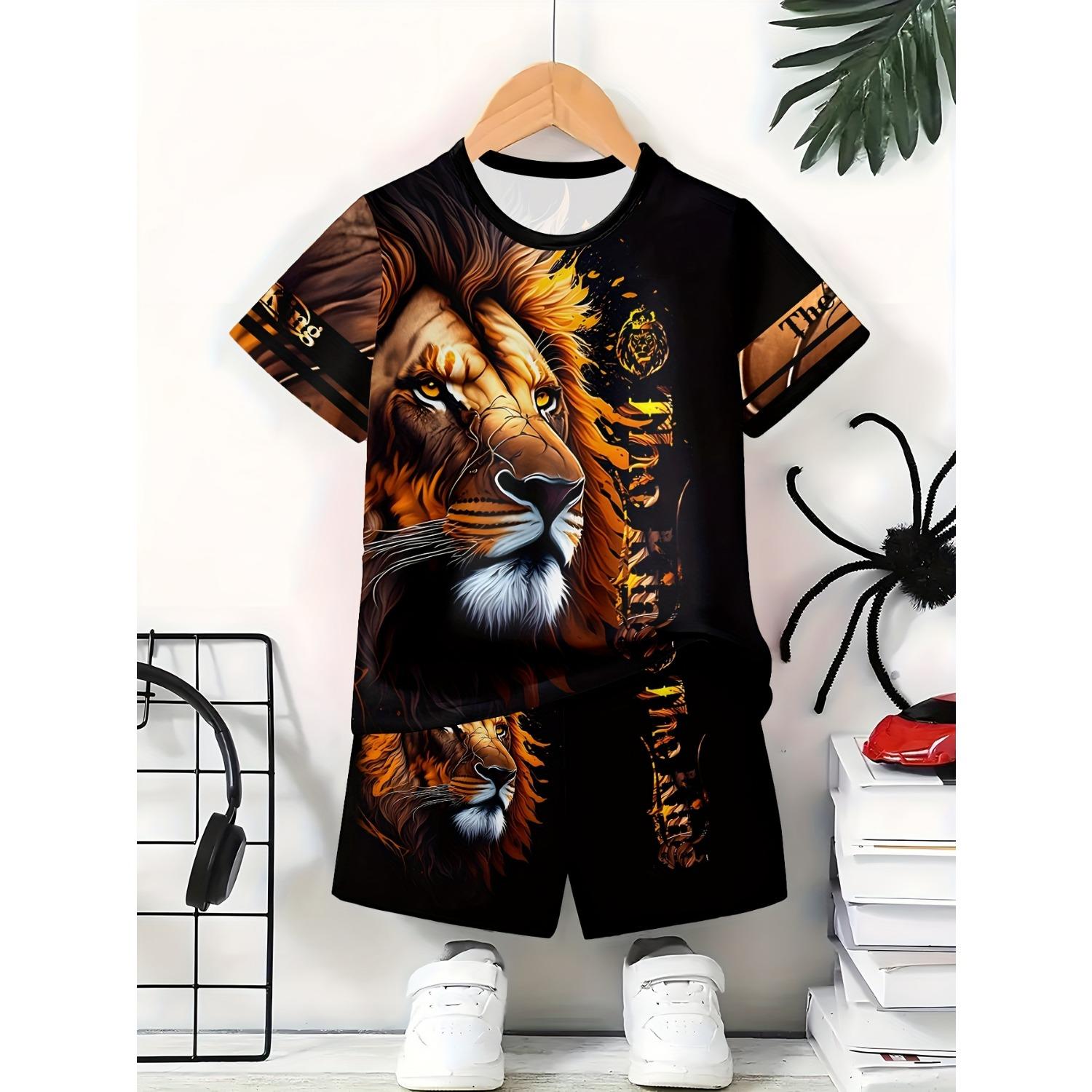 Boys  Fashion Casual 3D Shorts T-Shirt Set, 3D Printed Lion, Boys  Outdoor T-Shirt Shorts Set 5-6Y