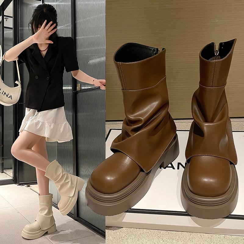 2025 New Autumn White Martin Boots Women's Small Thick-soled Heightening Retro Trouser Boots British Short Boots