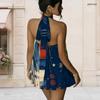 Women Plus Size Halter Neck Sleeveless Open Back Printed Faux Two Piece Layered Mini Dress