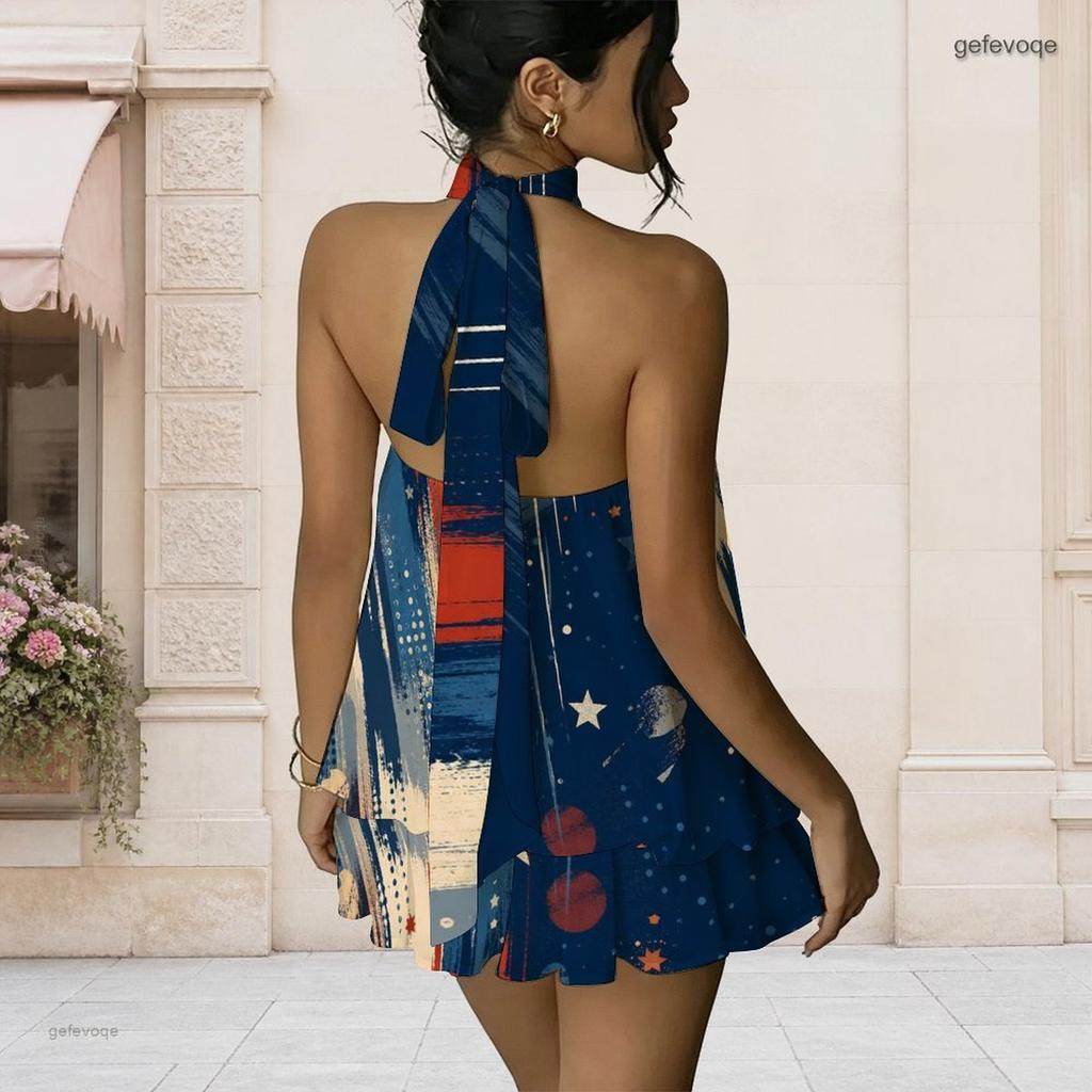 Women Plus Size Halter Neck Sleeveless Open Back Printed Faux Two Piece Layered Mini Dress