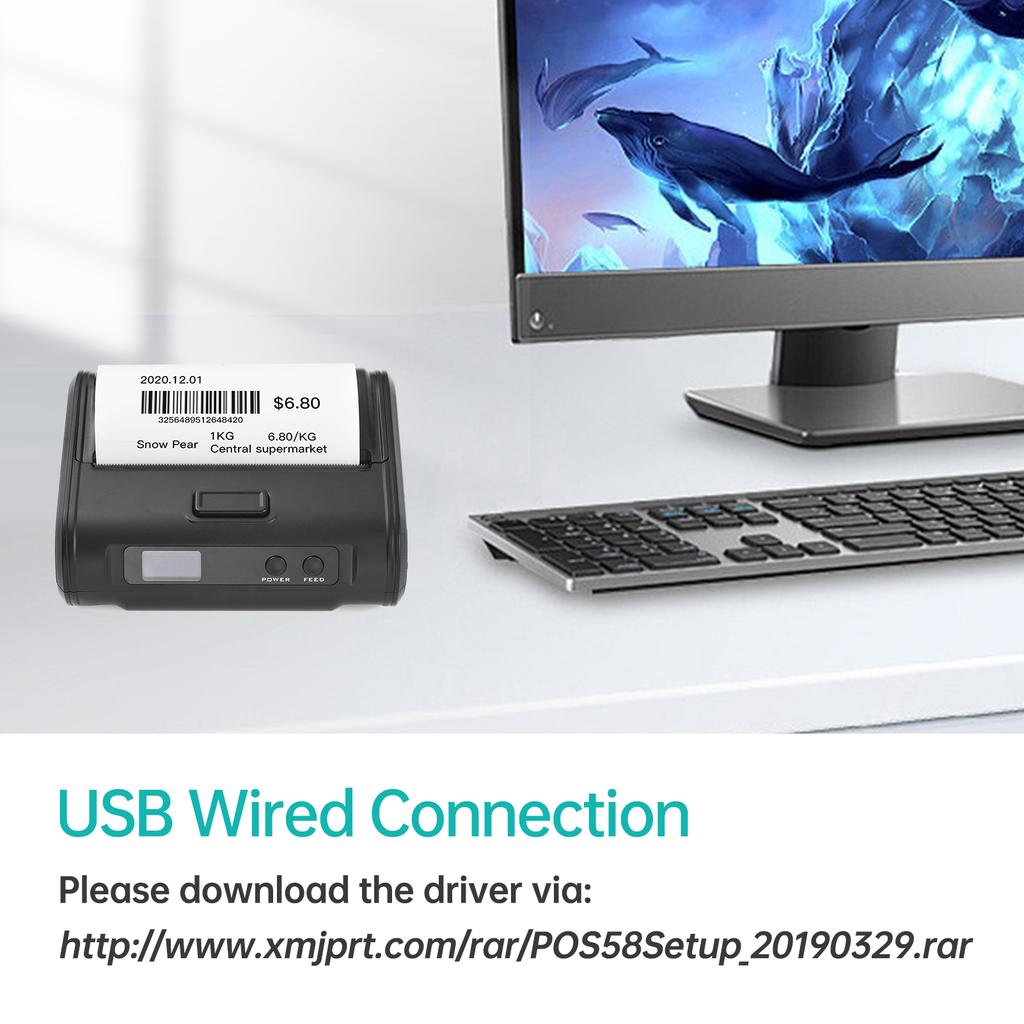 Bezdrátová termální tiskárna účtenek 4palcová 110mm přenosná mobilní tiskárna 203dpi jasný tisk BT+USB