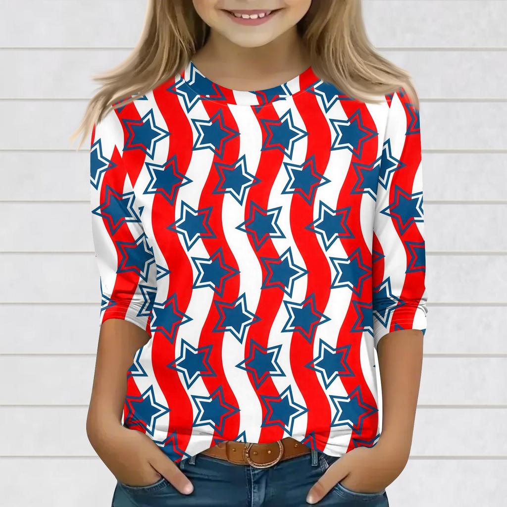 Print Tops For Youth Girls 3-10 Years Round Neck 3/4 Sleeves T-Shirts Trendy Tops Outfit Tees