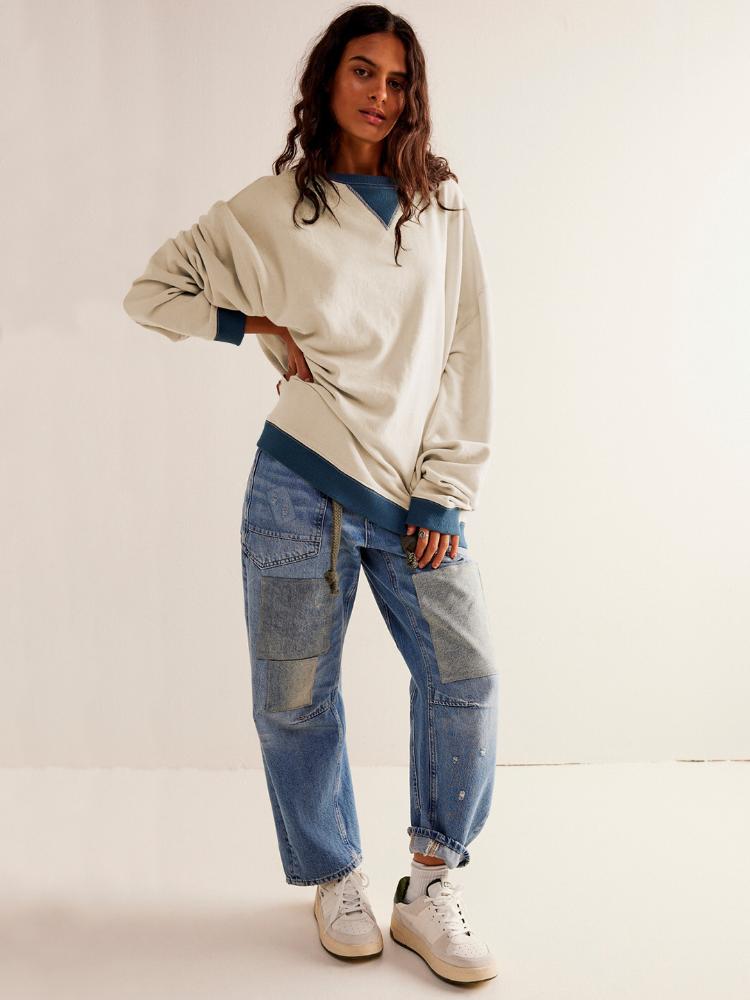Autumn and Winter Fashion New Women's Sports Hoodie Round Neck Patchwork Casual Contrasting Long Sleeved Warm Pullover