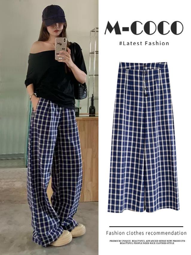 Women's Plaid Otaku-Style Wide-Leg Pants: Casual, Autumn, Floor-Length, Slimming and Loose Fit