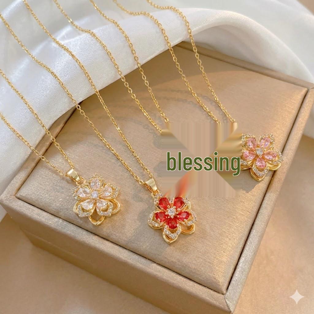 Purple Bauhinia Zirconia Flower 360° Rotatable Necklace for Women – European & American Style, New Five-Petal Design