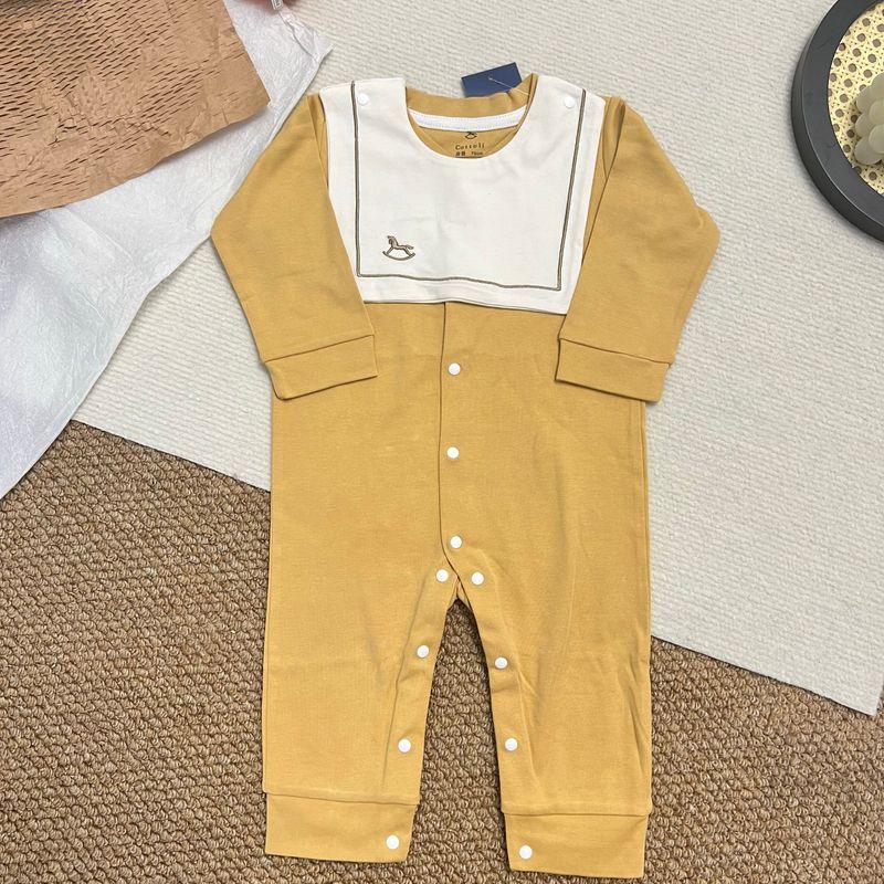 

Export Daily Order Small Wooden Horse Newborn 2025 Four Seasons Pure Cotton One-Pieces Romper Saliva Towel Two-piece Set Removable Earthy Yellow 90 cm